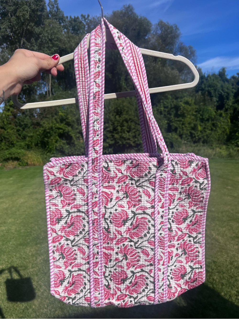 Indian Block Print Quilted Cotton Floral Tote Bag Pink White